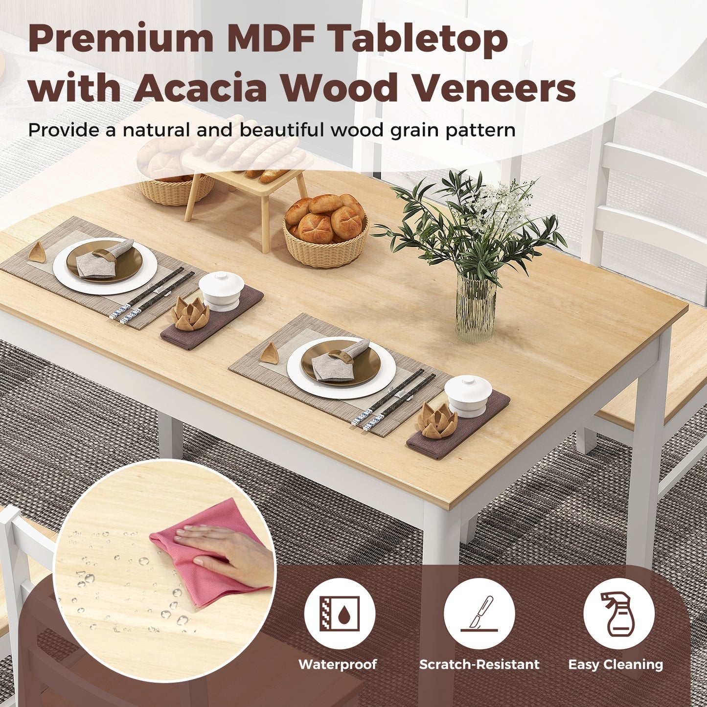 Modern 5 Piece Dining Table Set with Rectangular Wood Table and Upholstered Chairs - Natural