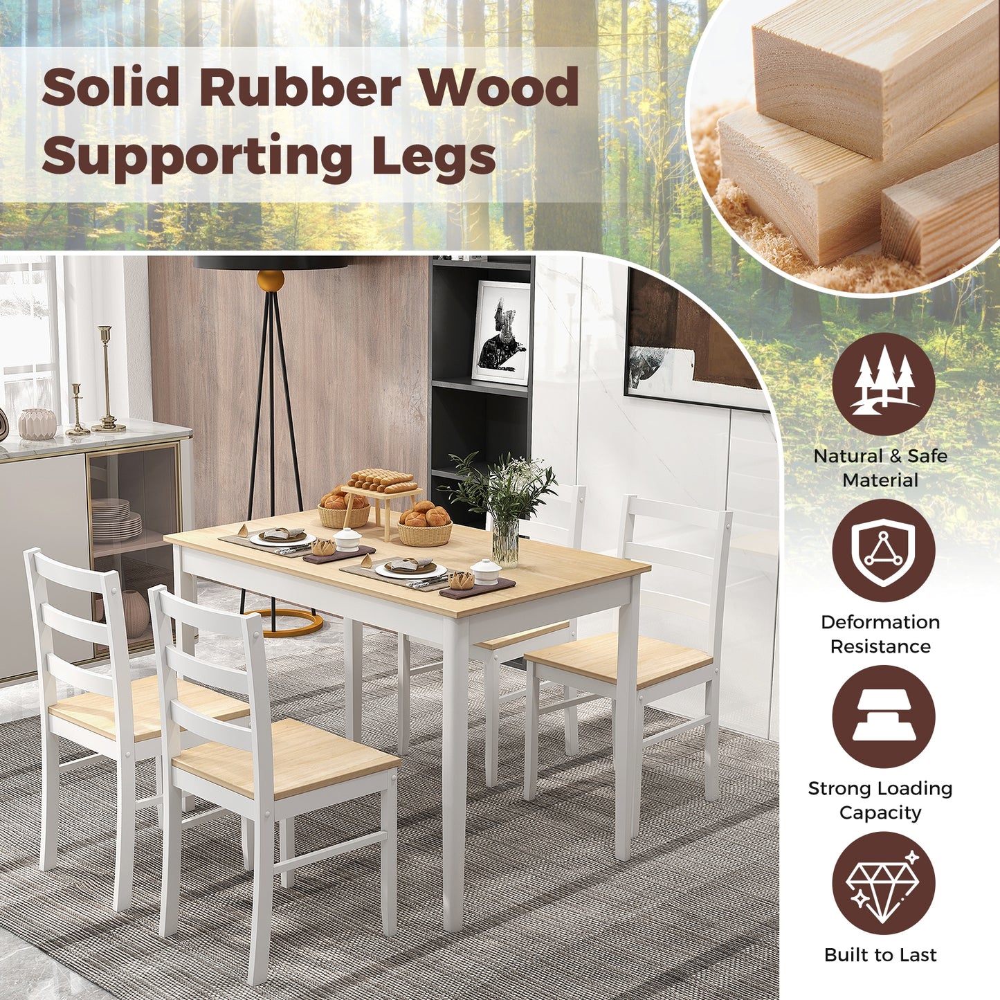 Modern 5 Piece Dining Table Set with Rectangular Wood Table and Upholstered Chairs - Natural