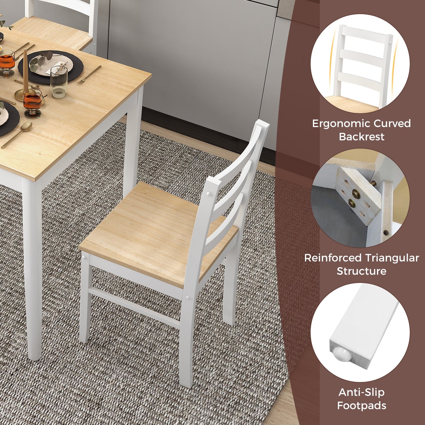Modern 5 Piece Dining Table Set with Rectangular Wood Table and Upholstered Chairs - Natural