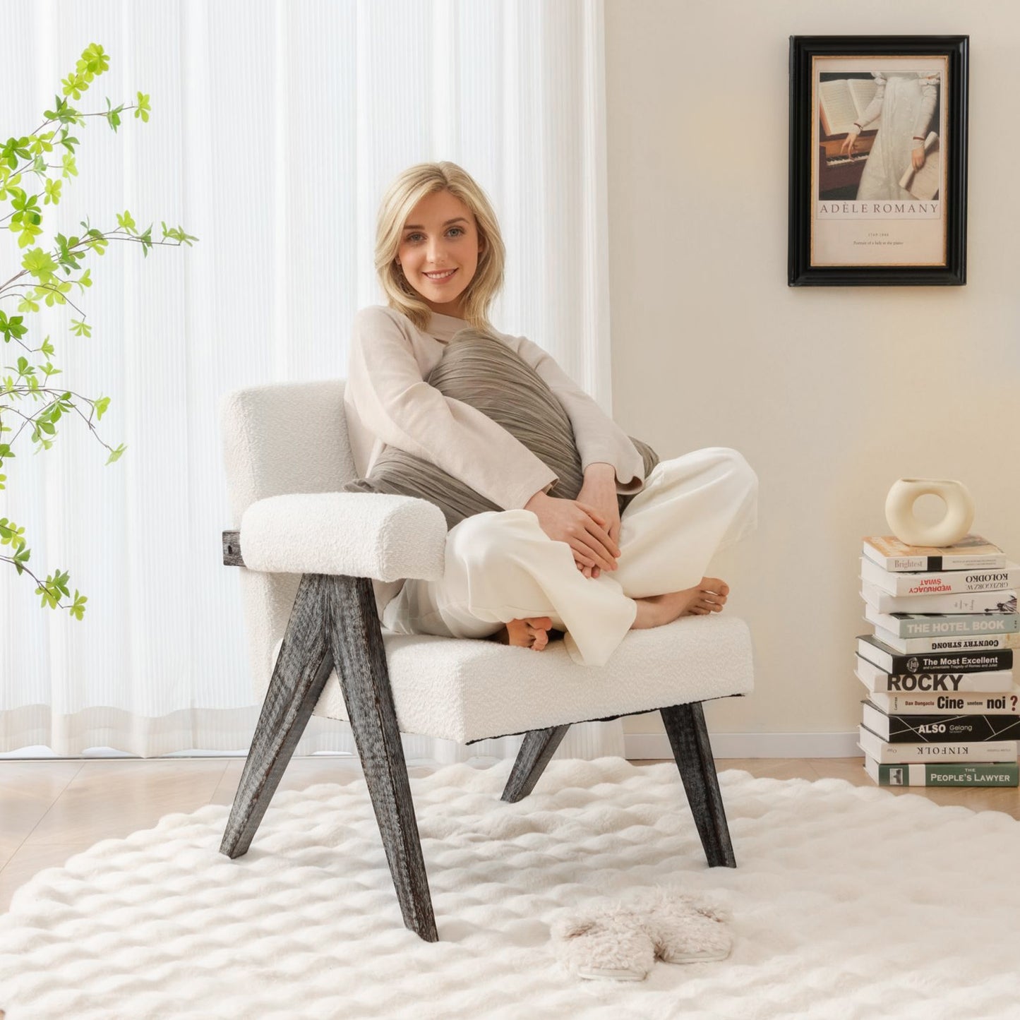 Sherpa Upholstered Accent Chair with Solid Rubber Wood Legs and Thick Padded Seat