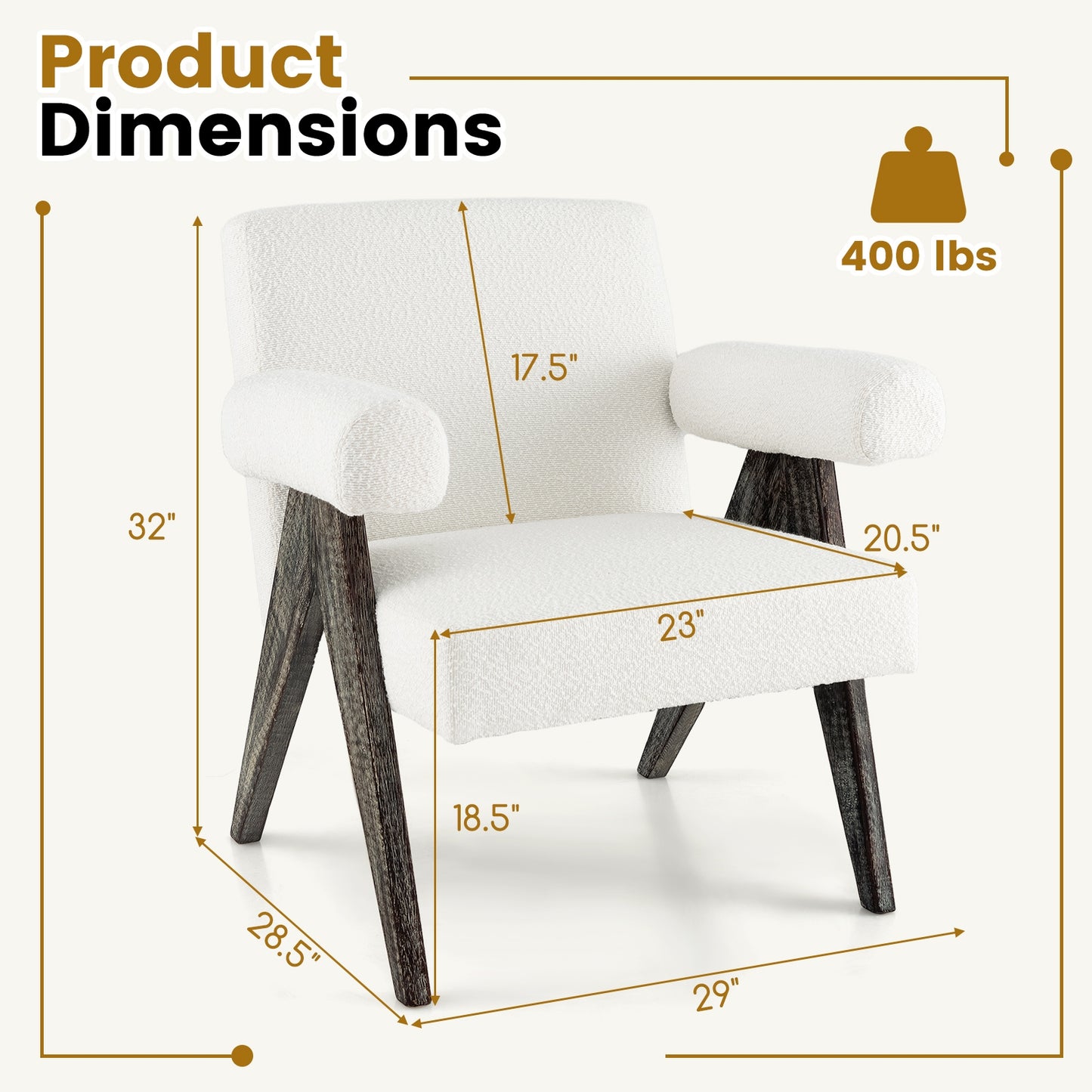 Sherpa Upholstered Accent Chair with Solid Rubber Wood Legs and Thick Padded Seat