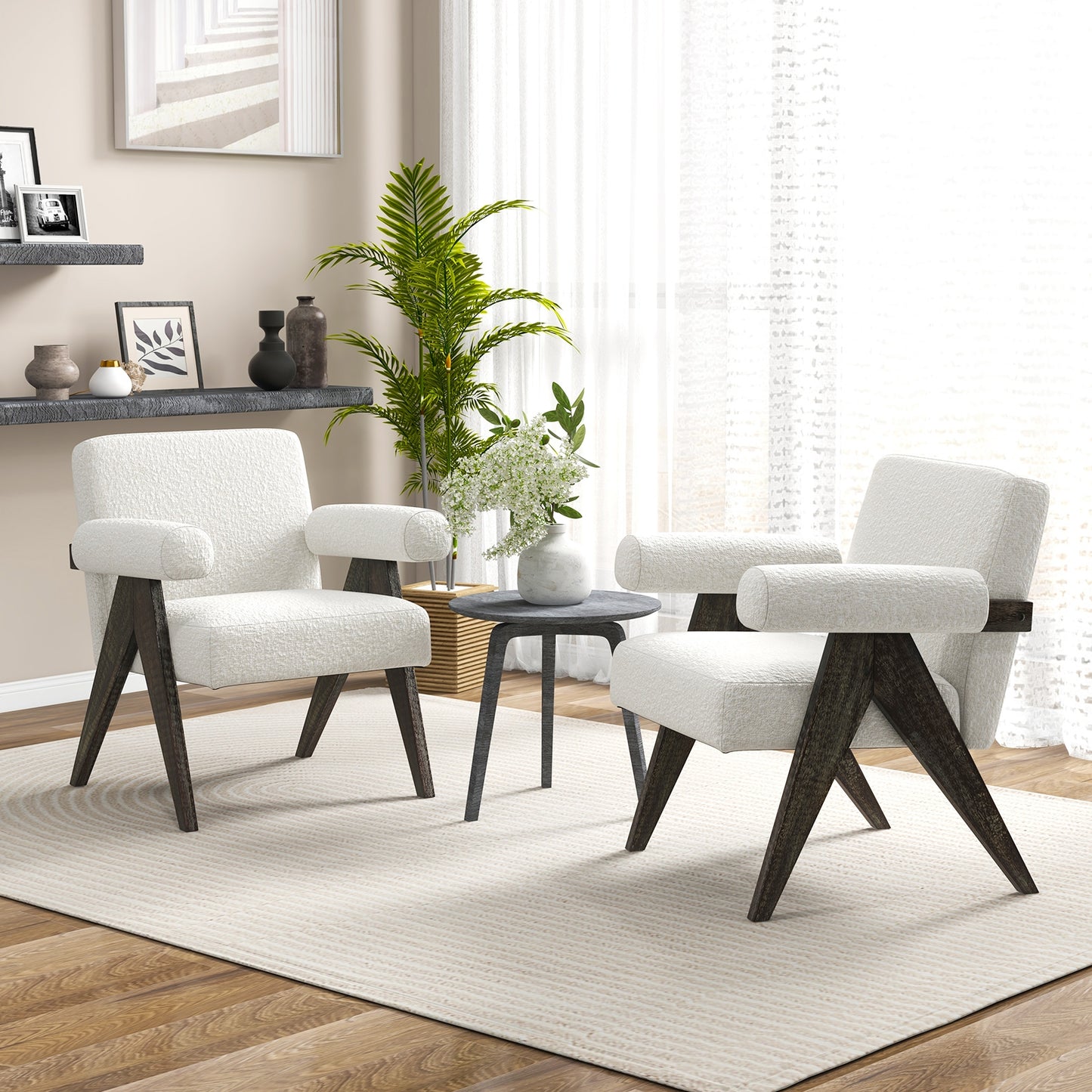 Sherpa Upholstered Accent Chair with Solid Rubber Wood Legs and Thick Padded Seat