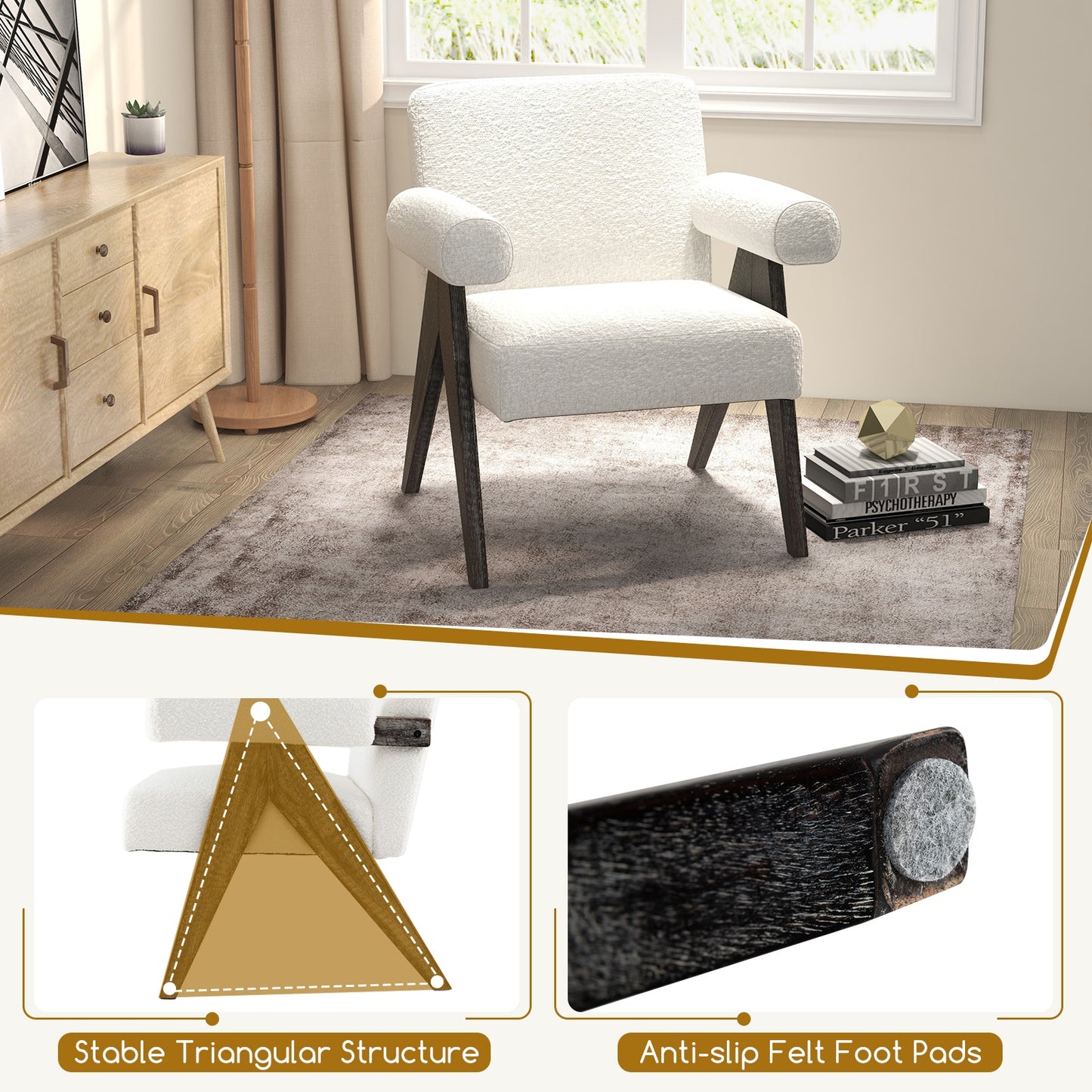 Sherpa Upholstered Accent Chair with Solid Rubber Wood Legs and Thick Padded Seat