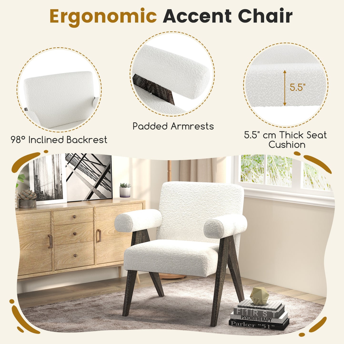 Sherpa Upholstered Accent Chair with Solid Rubber Wood Legs and Thick Padded Seat