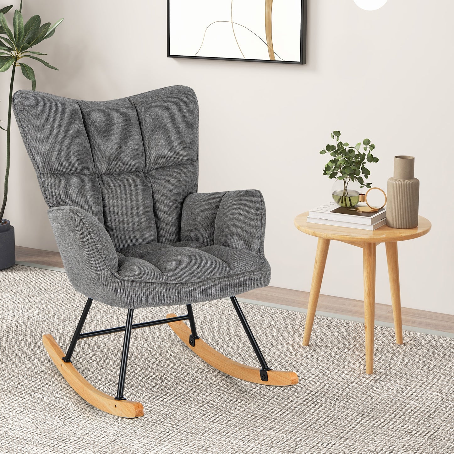 Modern Nursery Rocking Chair with Soft Linen Fabric, High Backrest, and Comfortable Armrests - Grey