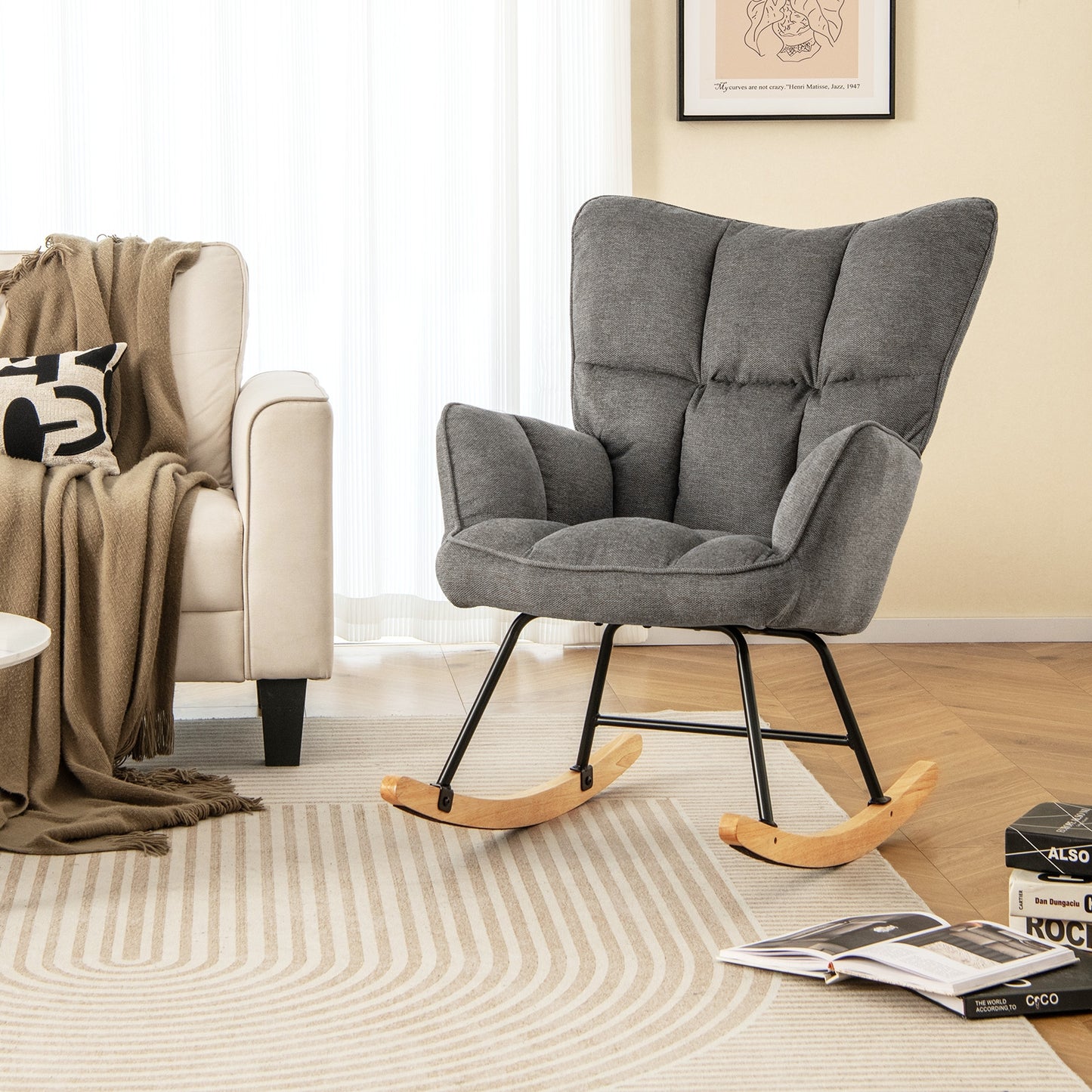 Modern Nursery Rocking Chair with Soft Linen Fabric, High Backrest, and Comfortable Armrests - Grey