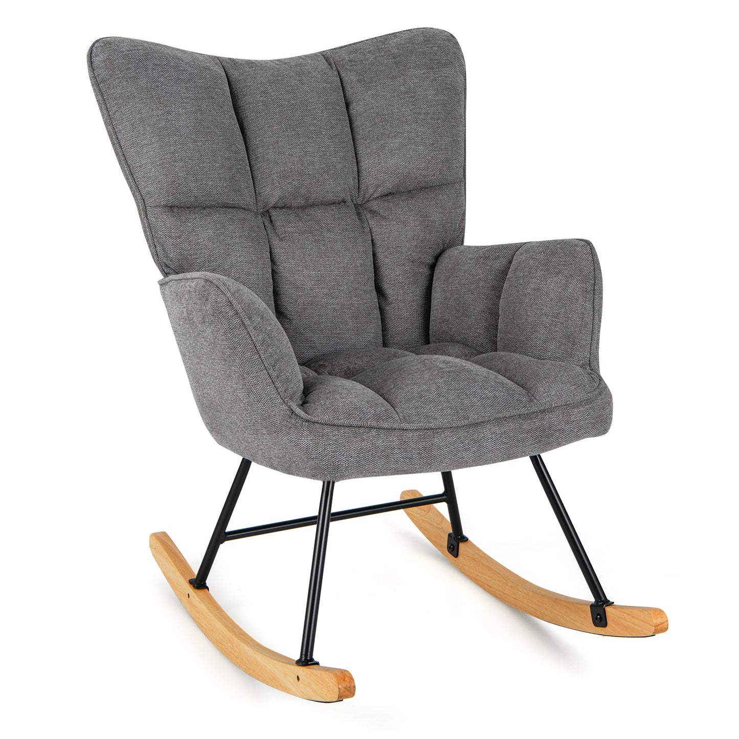Modern Nursery Rocking Chair with Soft Linen Fabric, High Backrest, and Comfortable Armrests - Grey
