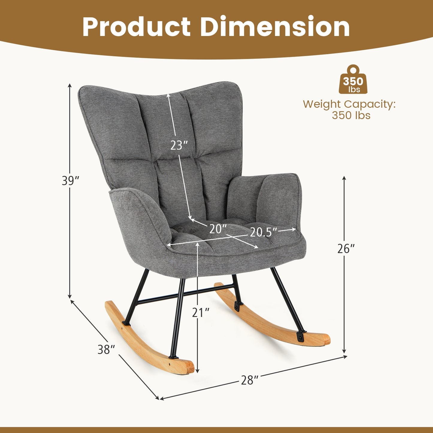 Modern Nursery Rocking Chair with Soft Linen Fabric, High Backrest, and Comfortable Armrests - Grey
