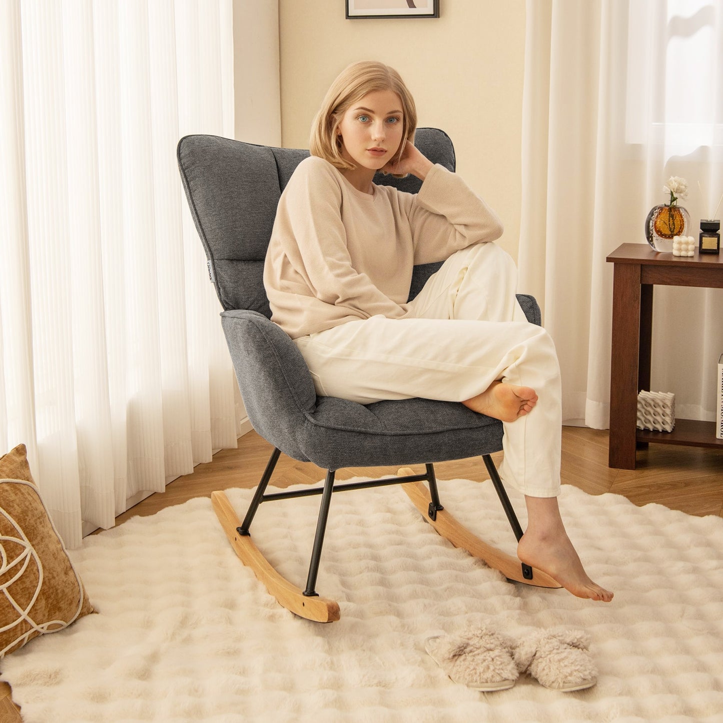 Modern Nursery Rocking Chair with Soft Linen Fabric, High Backrest, and Comfortable Armrests - Grey