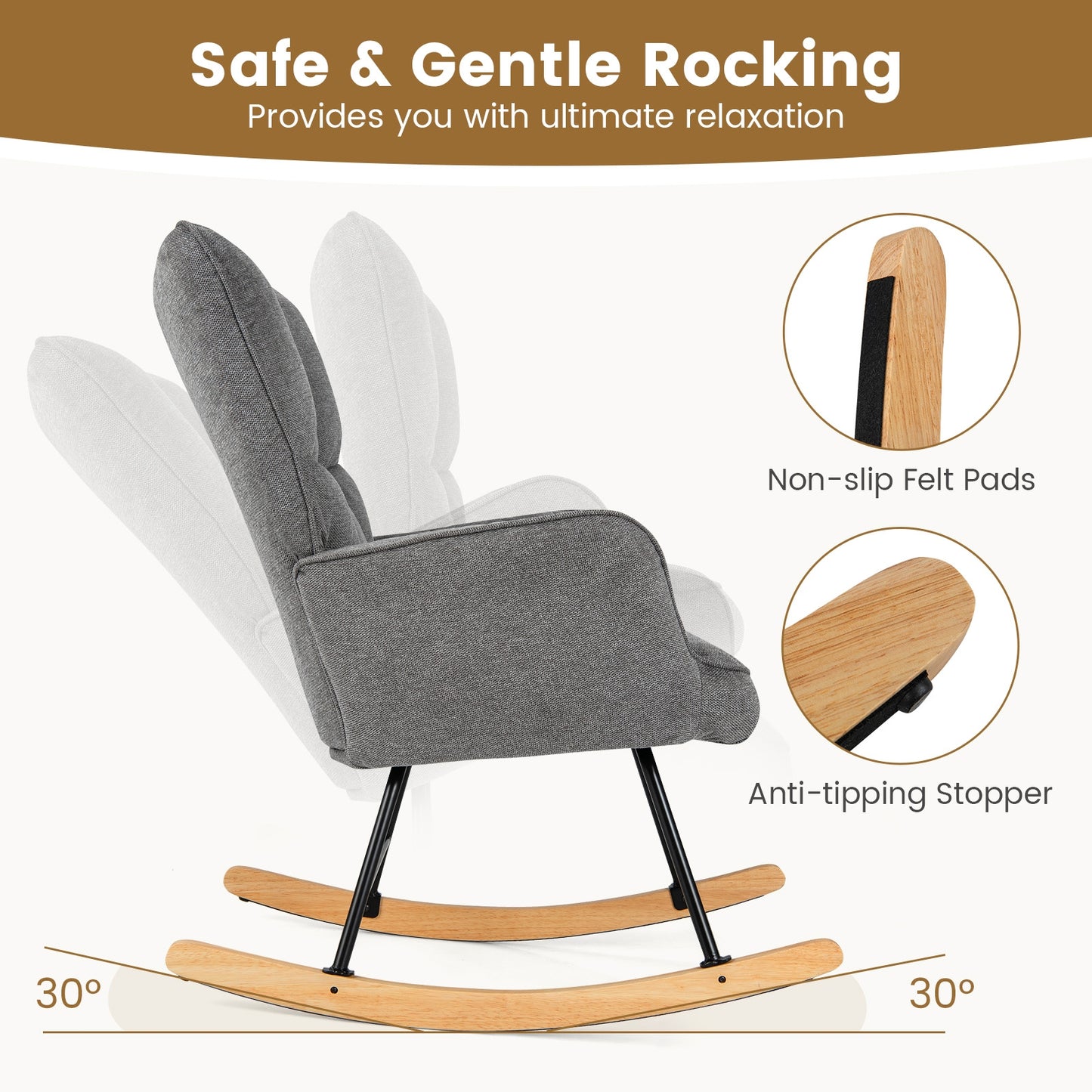 Modern Nursery Rocking Chair with Soft Linen Fabric, High Backrest, and Comfortable Armrests - Grey
