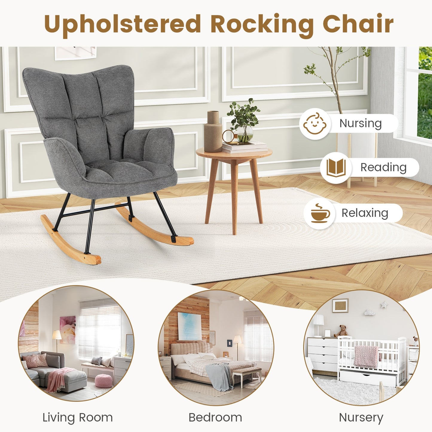 Modern Nursery Rocking Chair with Soft Linen Fabric, High Backrest, and Comfortable Armrests - Grey
