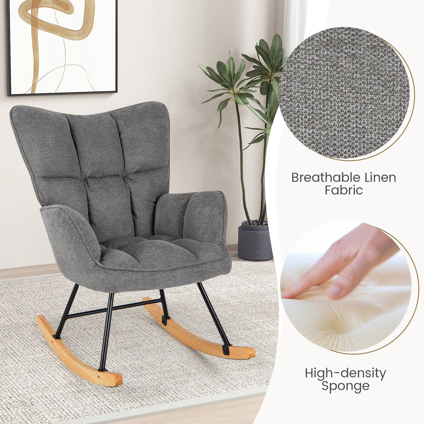 Modern Nursery Rocking Chair with Soft Linen Fabric, High Backrest, and Comfortable Armrests - Grey