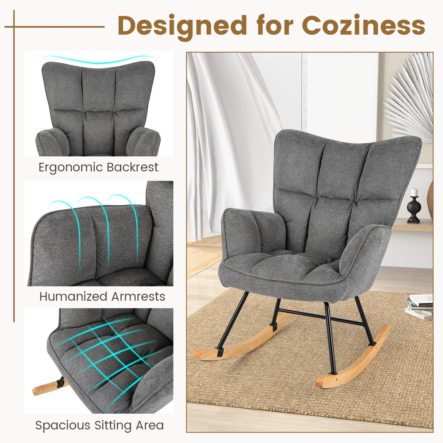 Modern Nursery Rocking Chair with Soft Linen Fabric, High Backrest, and Comfortable Armrests - Grey