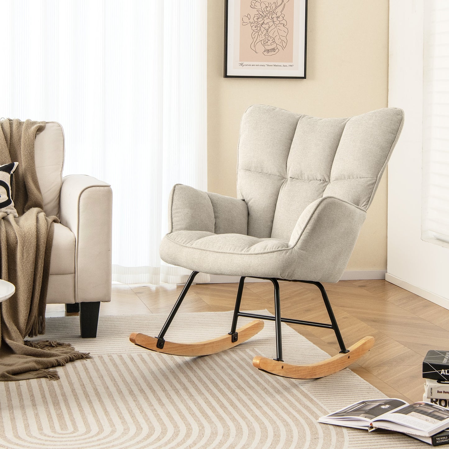 Modern Nursery Rocking Chair with Soft Linen Fabric, High Backrest, and Comfortable Armrests - White