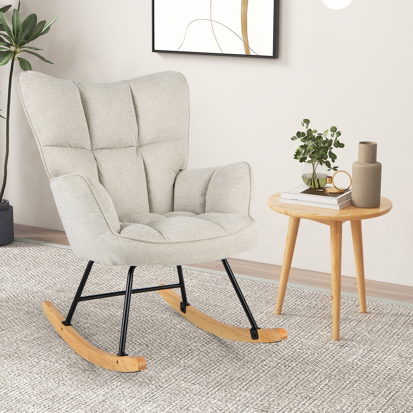 Modern Nursery Rocking Chair with Soft Linen Fabric, High Backrest, and Comfortable Armrests - White