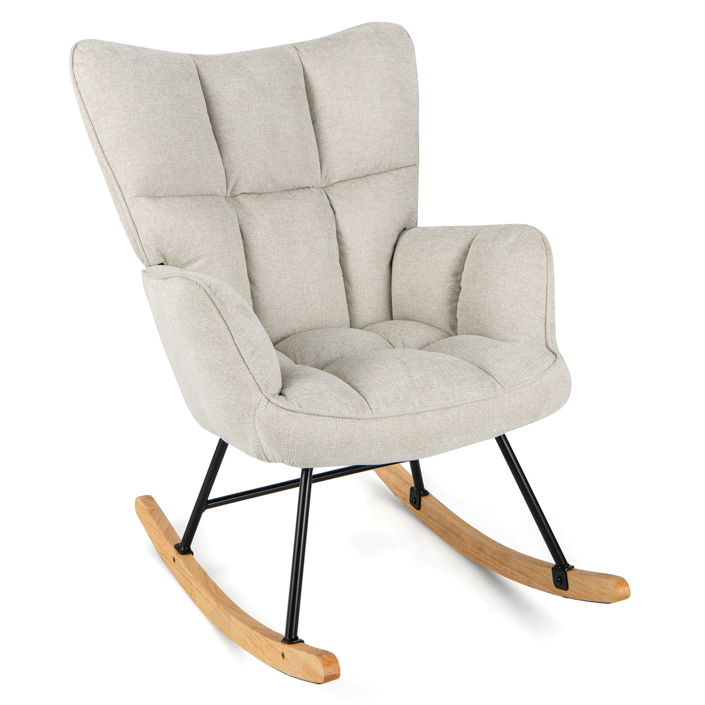 Modern Nursery Rocking Chair with Soft Linen Fabric, High Backrest, and Comfortable Armrests - White