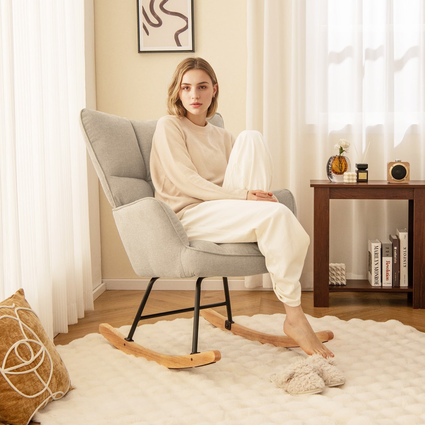 Modern Nursery Rocking Chair with Soft Linen Fabric, High Backrest, and Comfortable Armrests - White