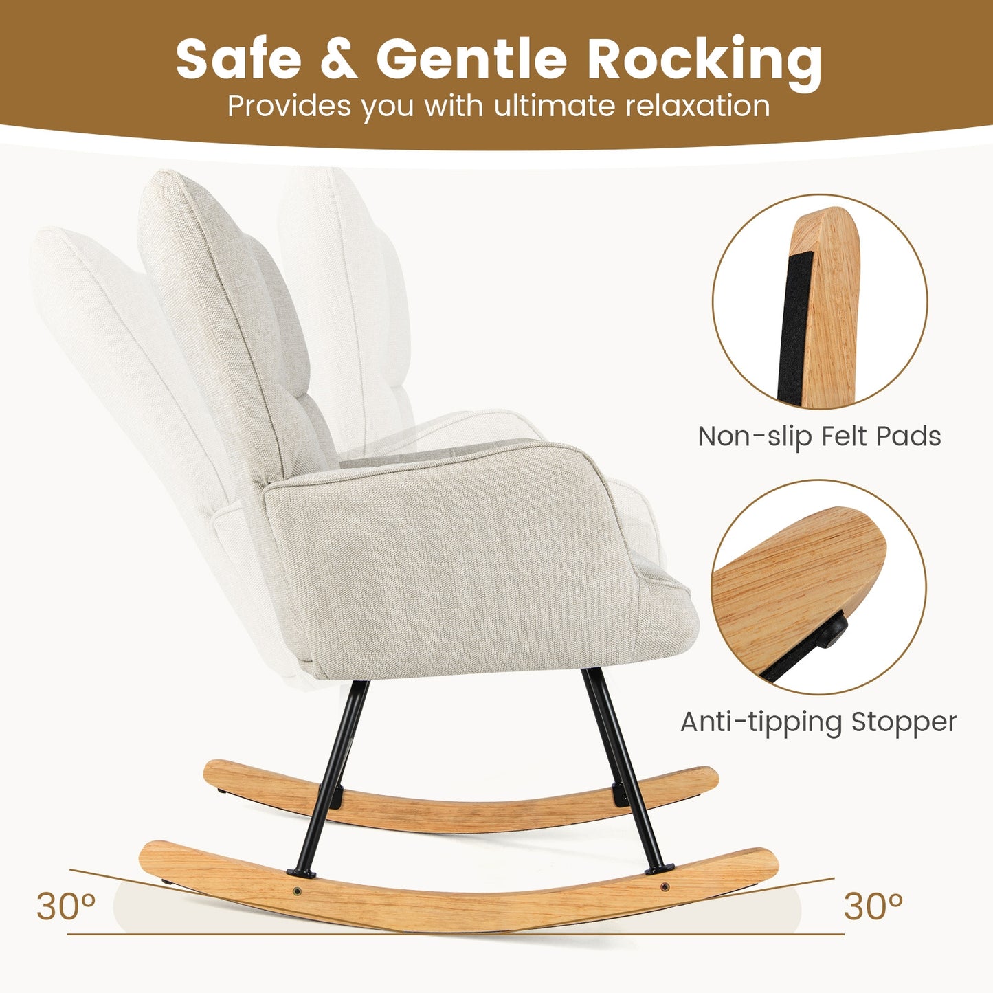 Modern Nursery Rocking Chair with Soft Linen Fabric, High Backrest, and Comfortable Armrests - White