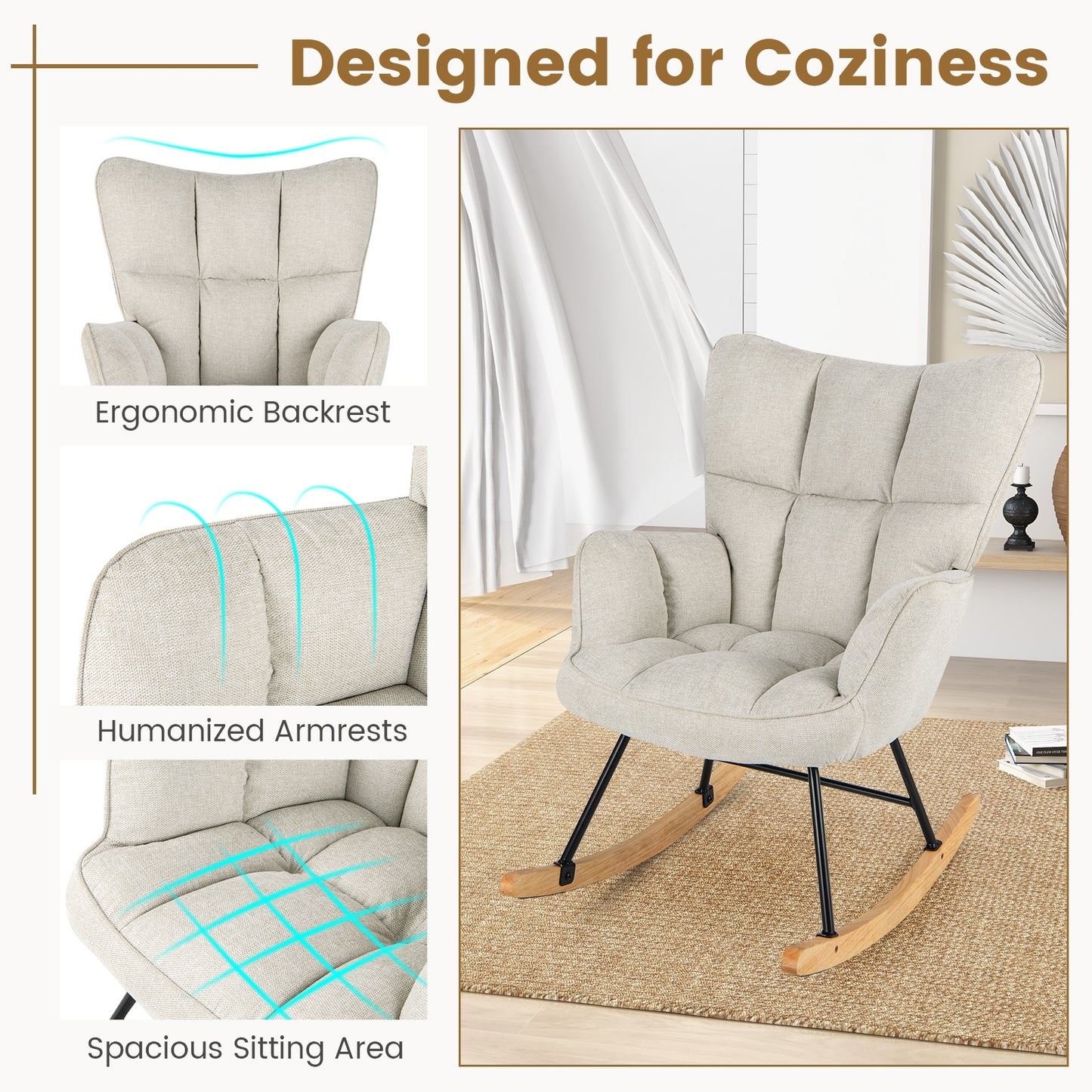 Modern Nursery Rocking Chair with Soft Linen Fabric, High Backrest, and Comfortable Armrests - White