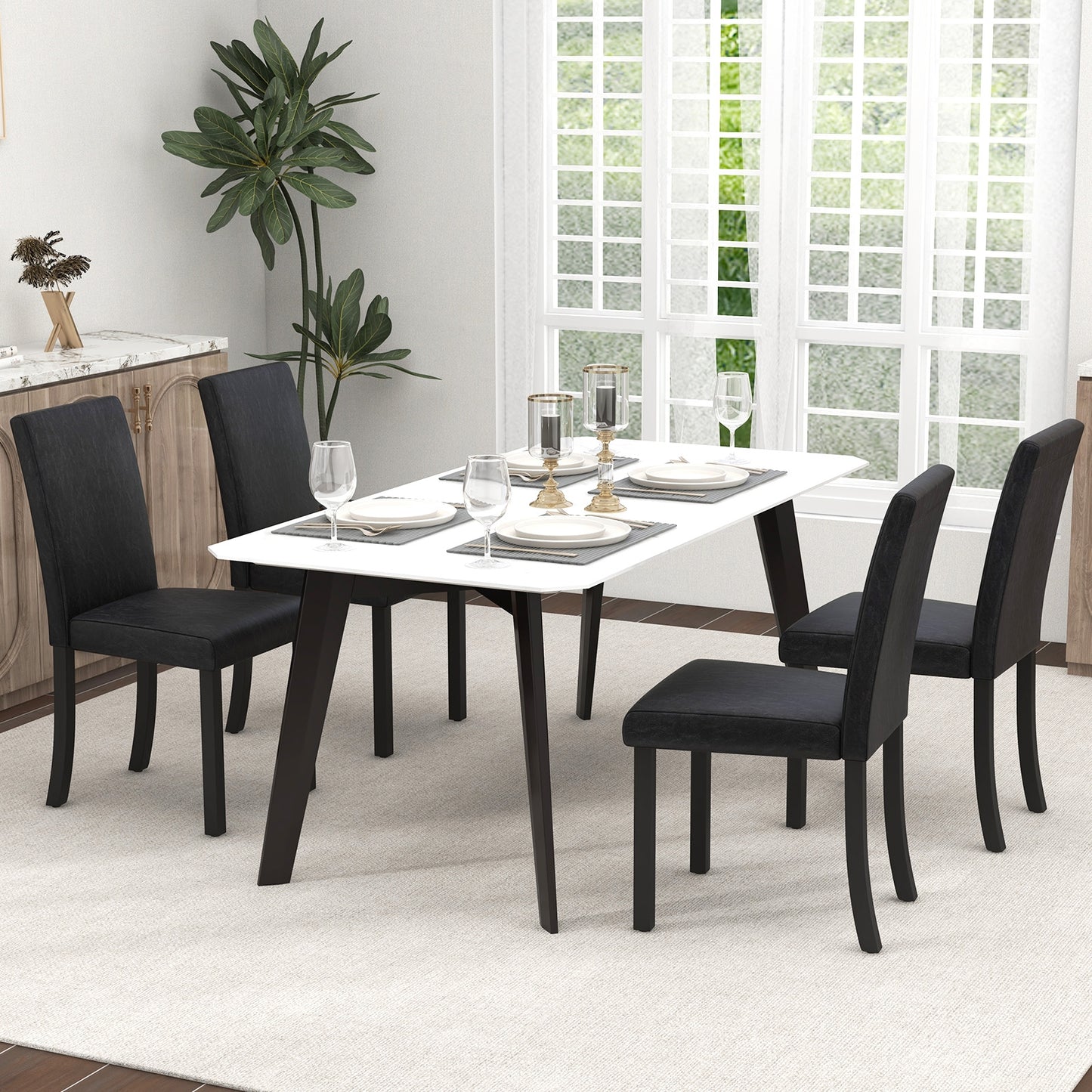 Set of 4 Upholstered Dining Chairs with Wood Frame in Black PU Leather