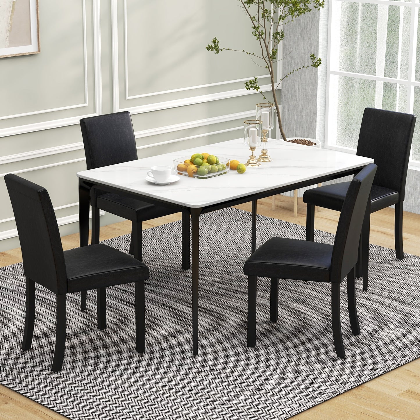 Set of 4 Upholstered Dining Chairs with Wood Frame in Black PU Leather