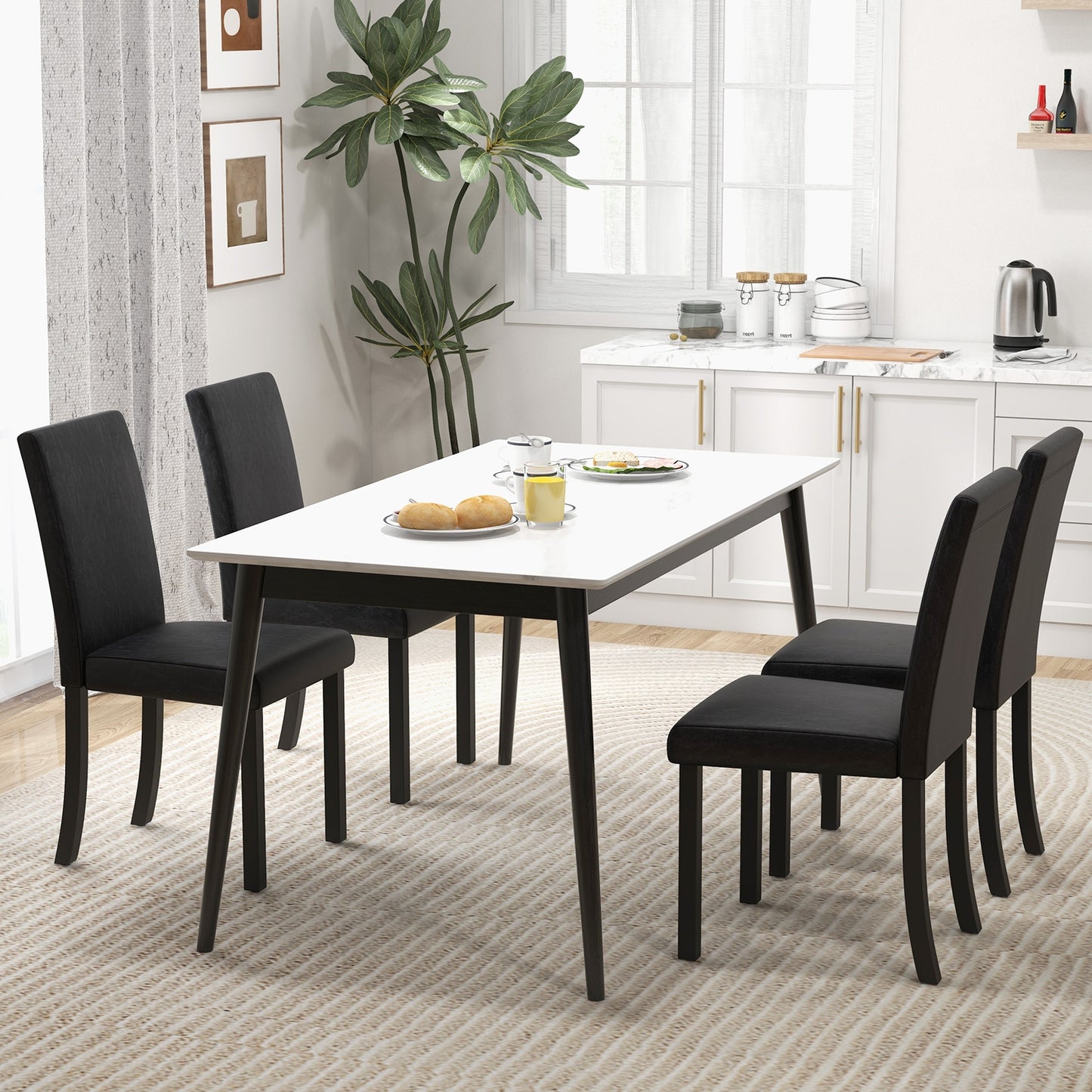Set of 4 Upholstered Dining Chairs with Wood Frame in Black PU Leather
