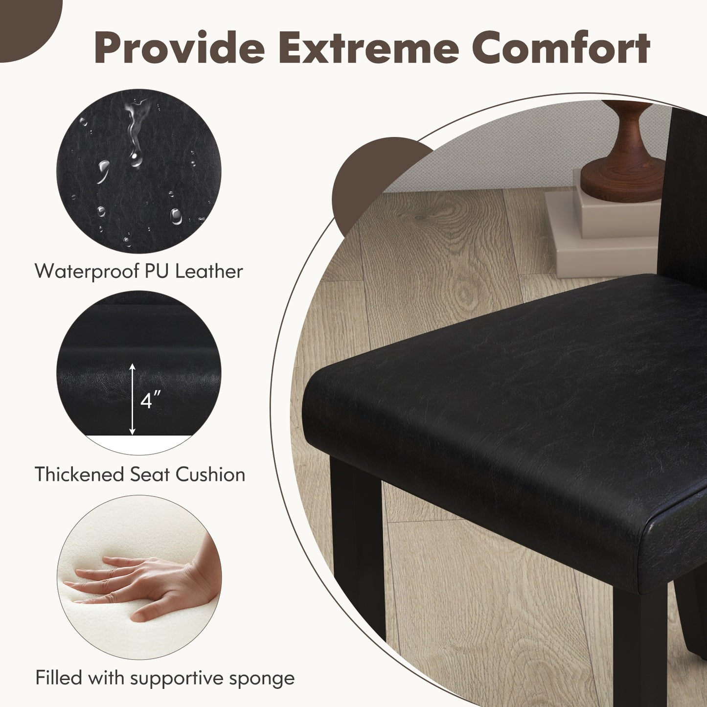 Set of 4 Upholstered Dining Chairs with Wood Frame in Black PU Leather