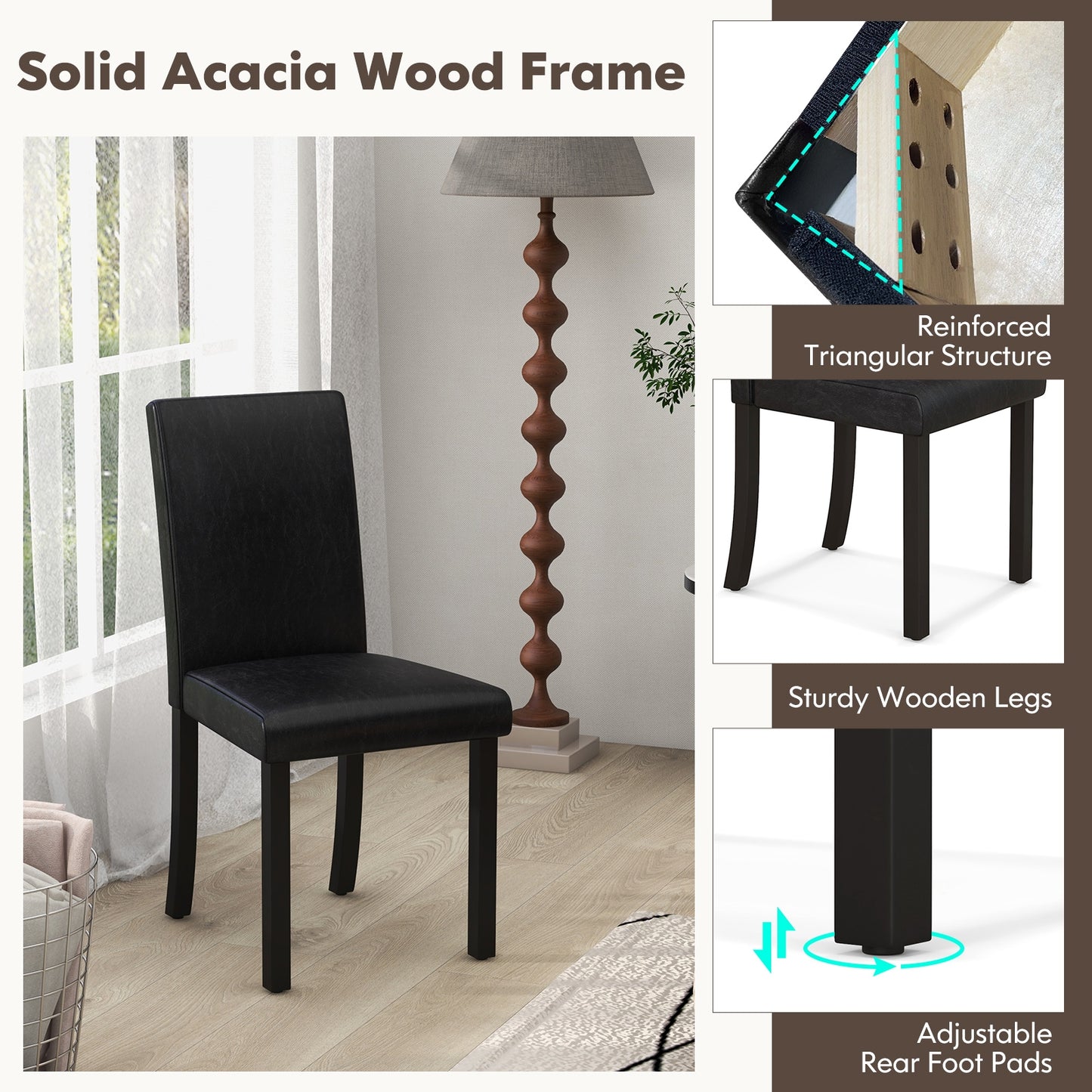 Set of 4 Upholstered Dining Chairs with Wood Frame in Black PU Leather