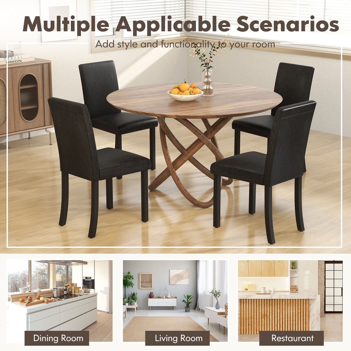 Set of 4 Upholstered Dining Chairs with Wood Frame in Black PU Leather