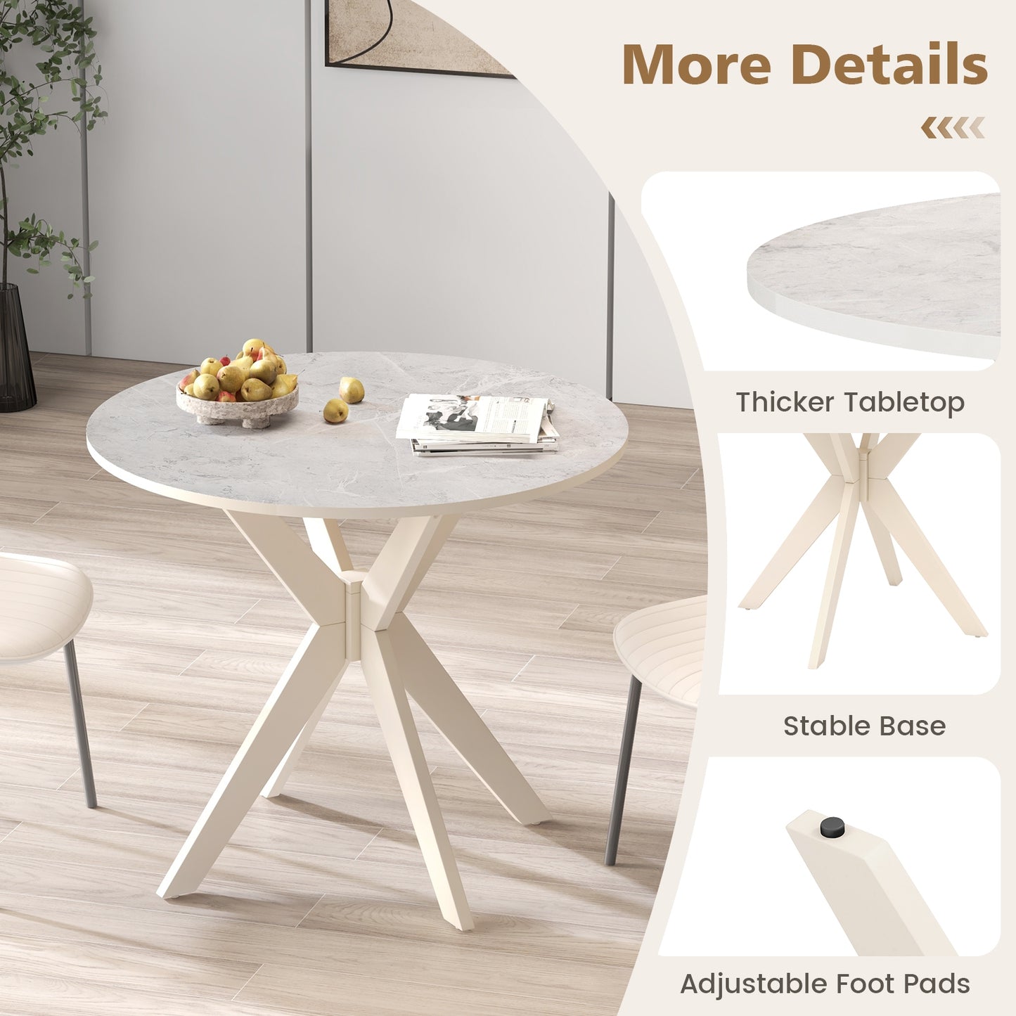 36 Inch Round Dining Table with Faux Marble Top and Solid Wood Legs, Seats 2–4, White