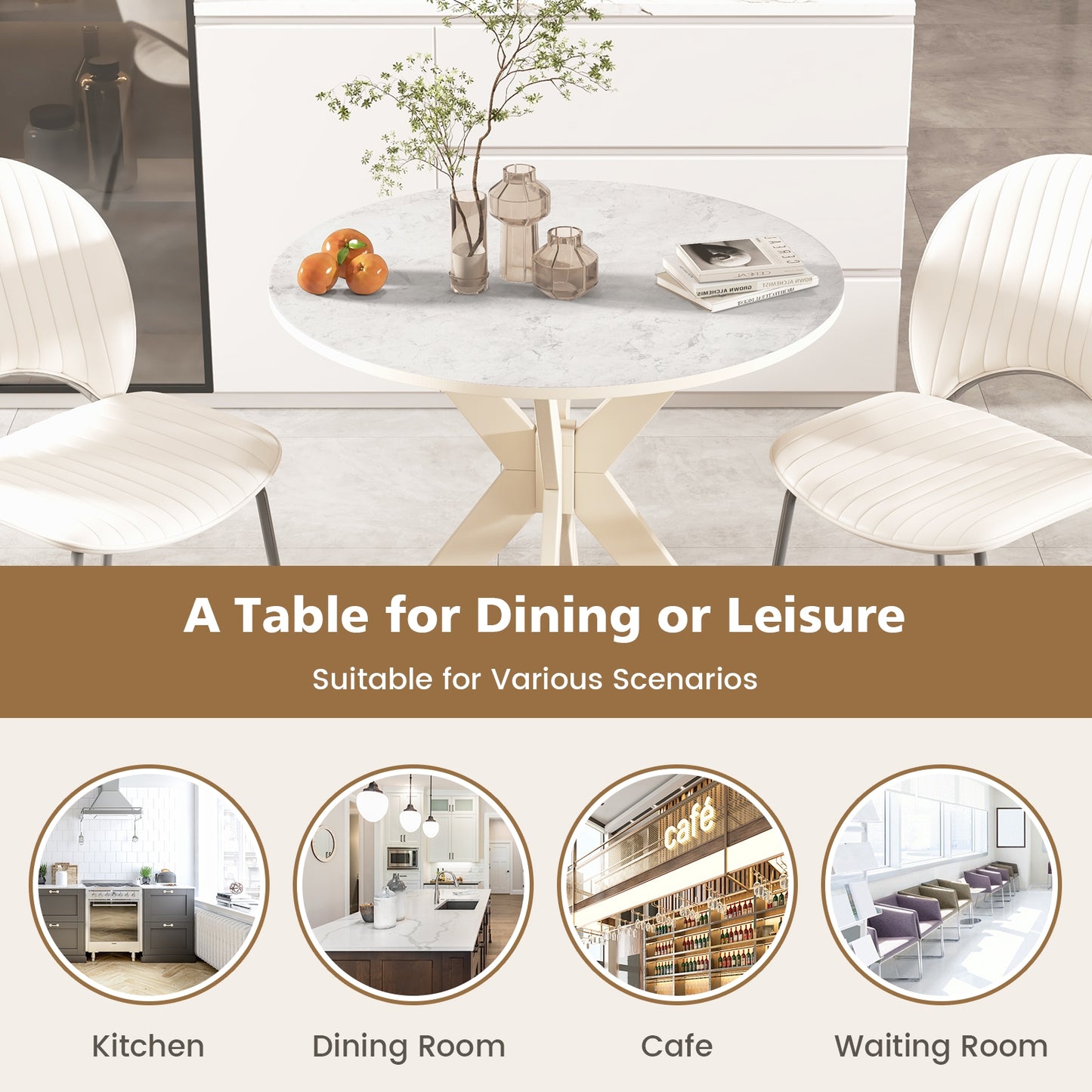 36 Inch Round Dining Table with Faux Marble Top and Solid Wood Legs, Seats 2–4, White