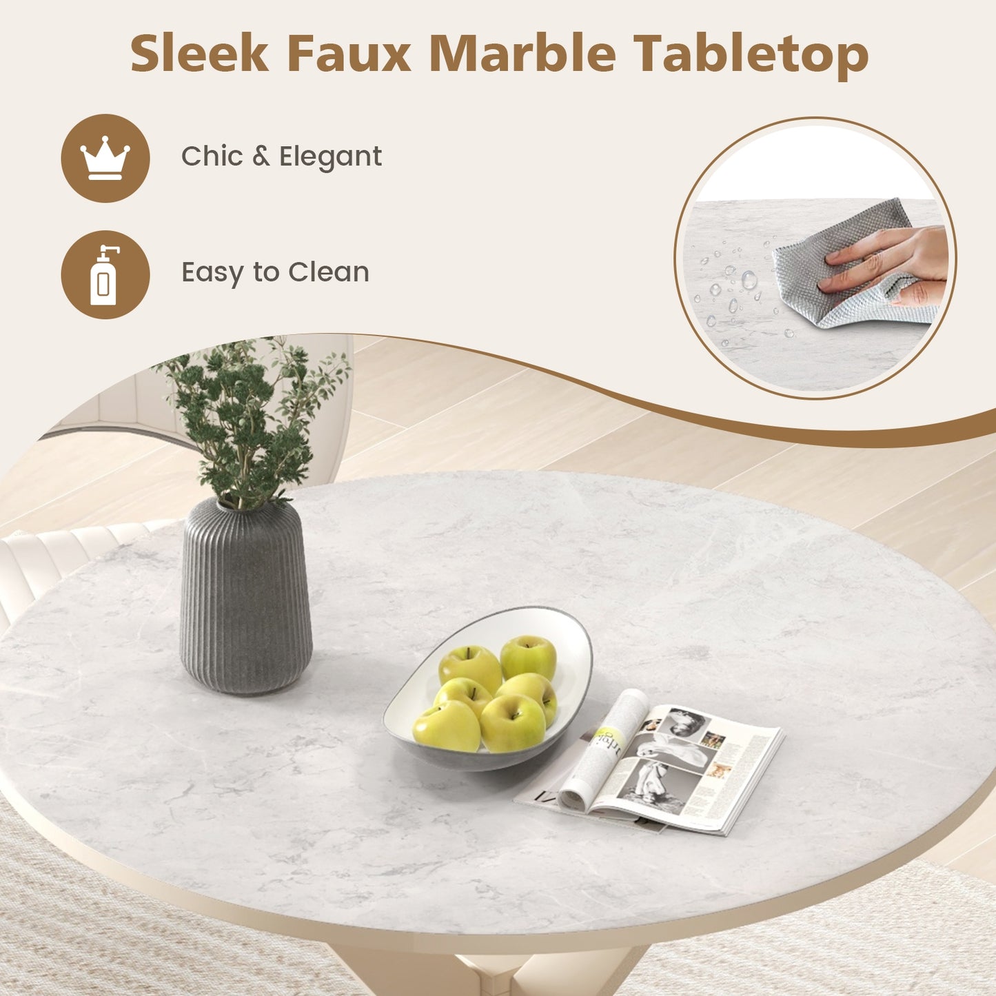36 Inch Round Dining Table with Faux Marble Top and Solid Wood Legs, Seats 2–4, White