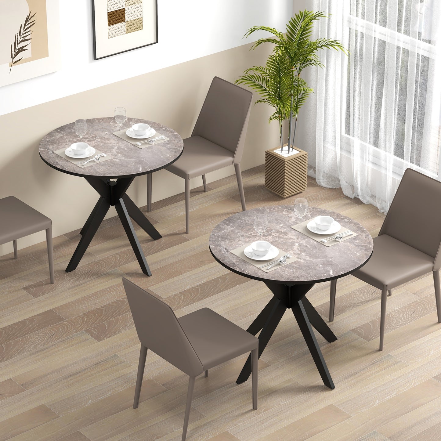 36 Inch Round Dining Table with Faux Marble Top and Solid Wood Legs, Seats 2–4, Black