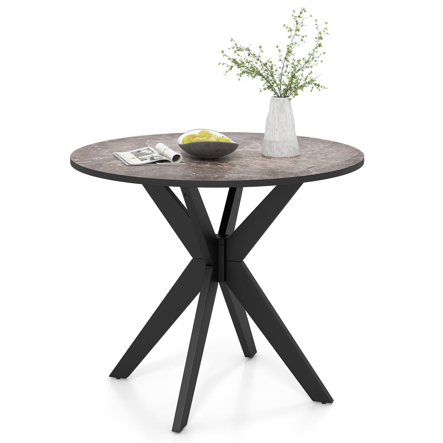 36 Inch Round Dining Table with Faux Marble Top and Solid Wood Legs, Seats 2–4, Black