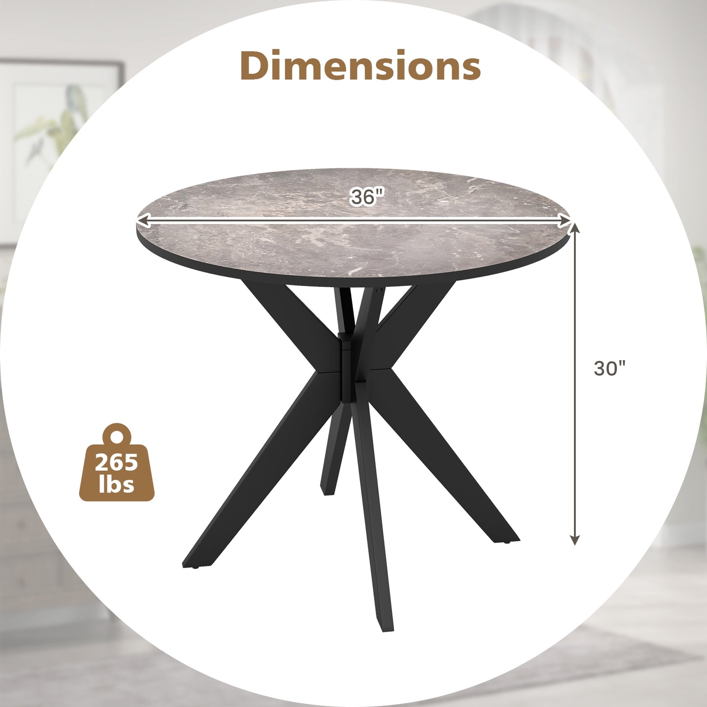 36 Inch Round Dining Table with Faux Marble Top and Solid Wood Legs, Seats 2–4, Black