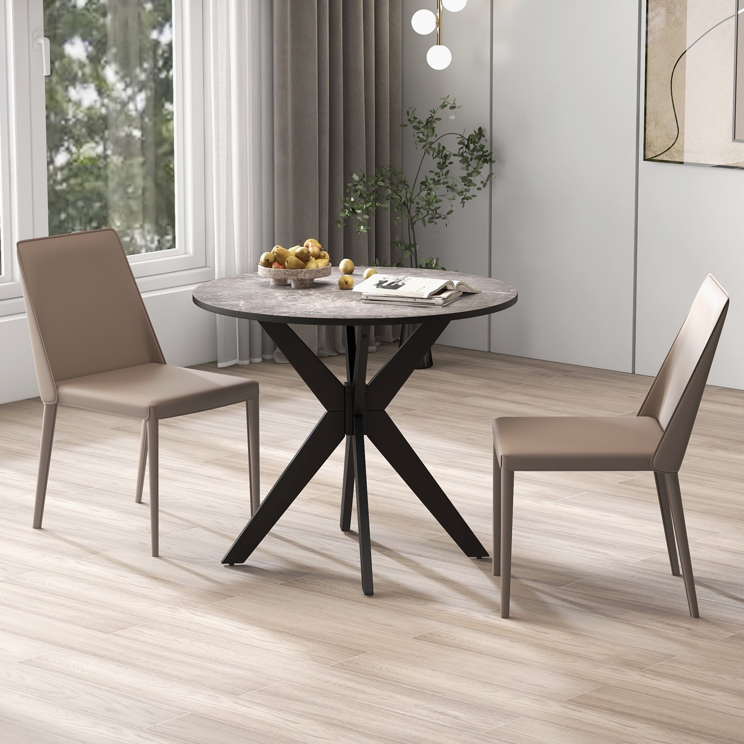 36 Inch Round Dining Table with Faux Marble Top and Solid Wood Legs, Seats 2–4, Black