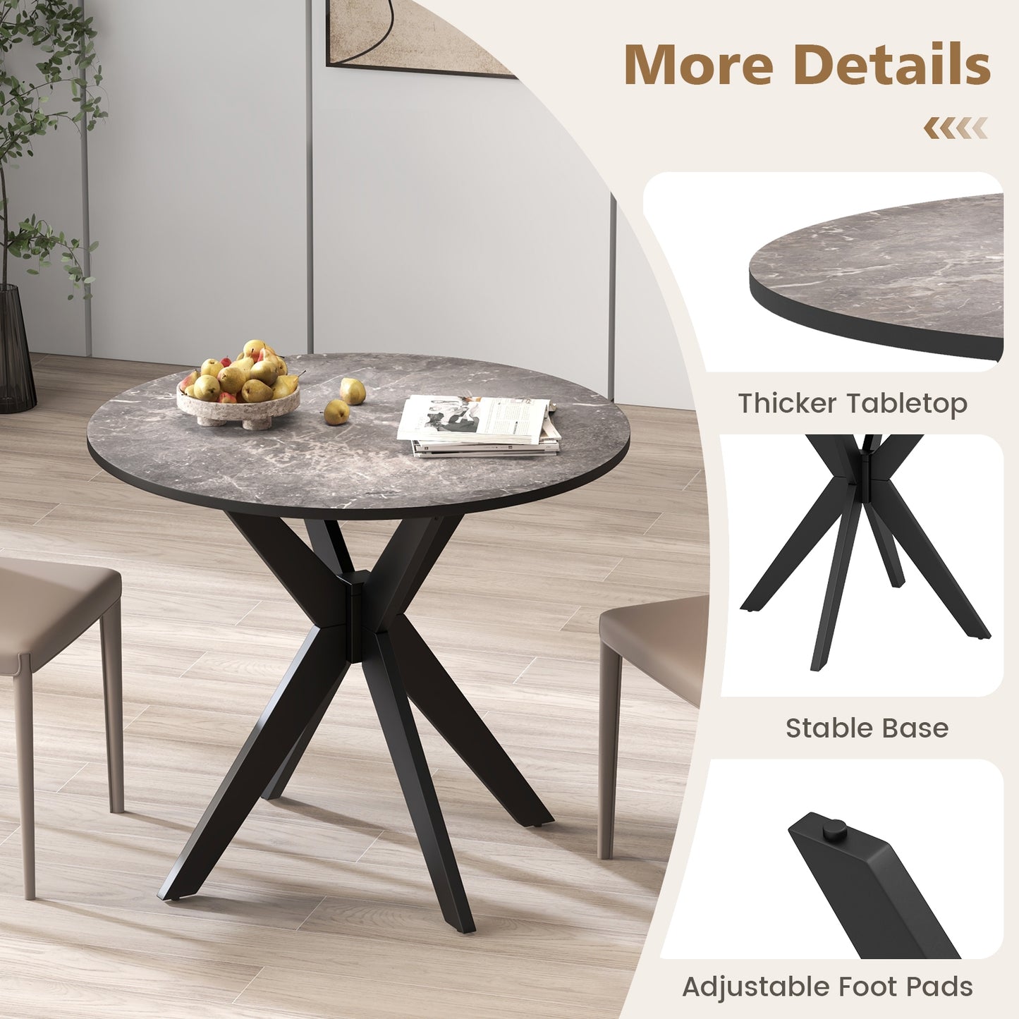 36 Inch Round Dining Table with Faux Marble Top and Solid Wood Legs, Seats 2–4, Black