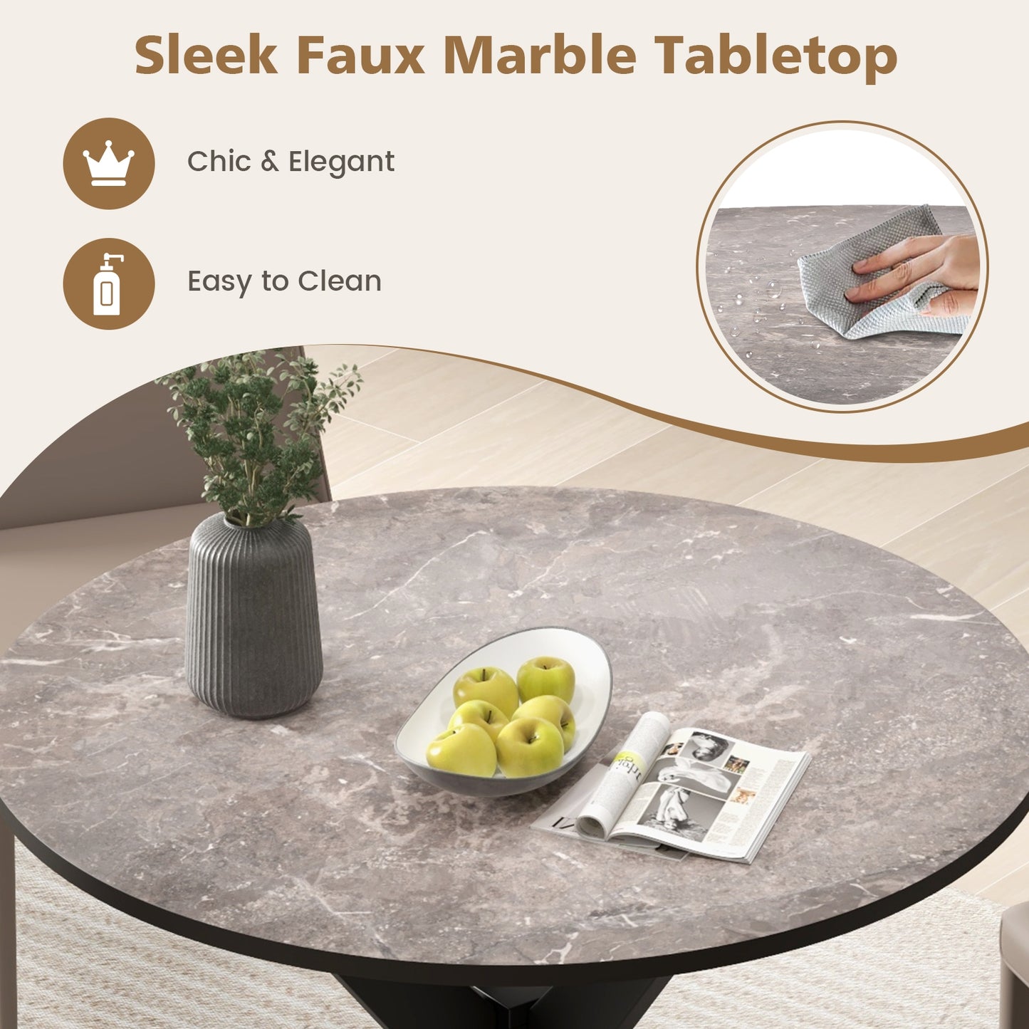 36 Inch Round Dining Table with Faux Marble Top and Solid Wood Legs, Seats 2–4, Black
