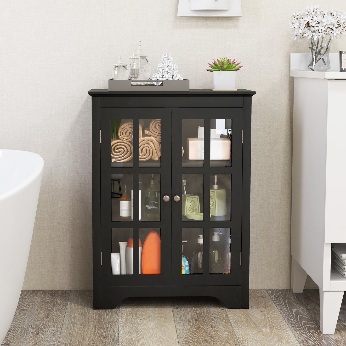 Freestanding Storage Cabinet with Glass Doors & Adjustable Shelves