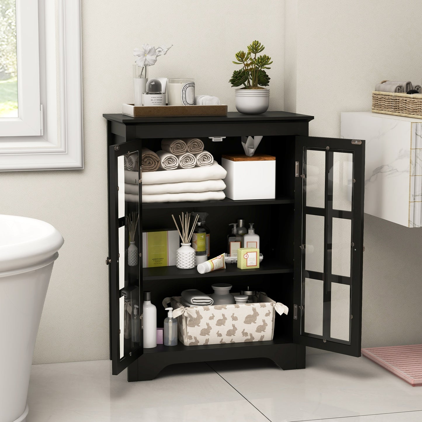 Freestanding Storage Cabinet with Glass Doors & Adjustable Shelves