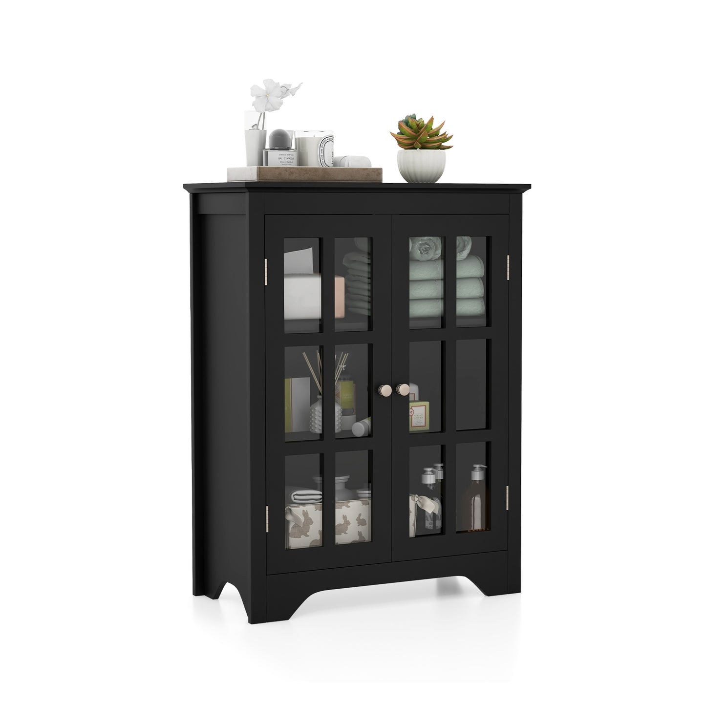 Freestanding Storage Cabinet with Glass Doors & Adjustable Shelves