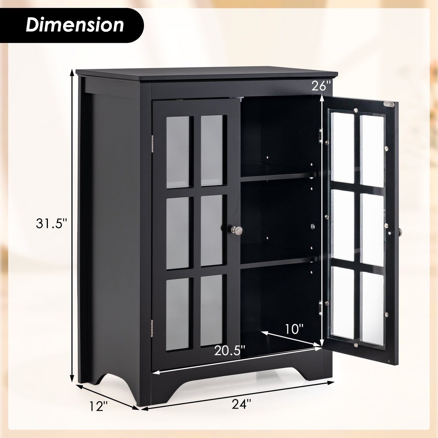 Freestanding Storage Cabinet with Glass Doors & Adjustable Shelves
