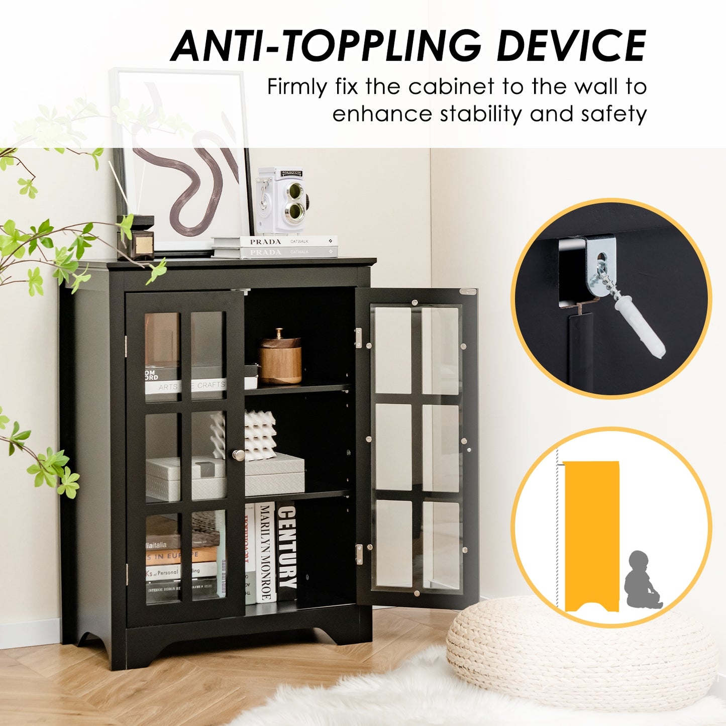 Freestanding Storage Cabinet with Glass Doors & Adjustable Shelves