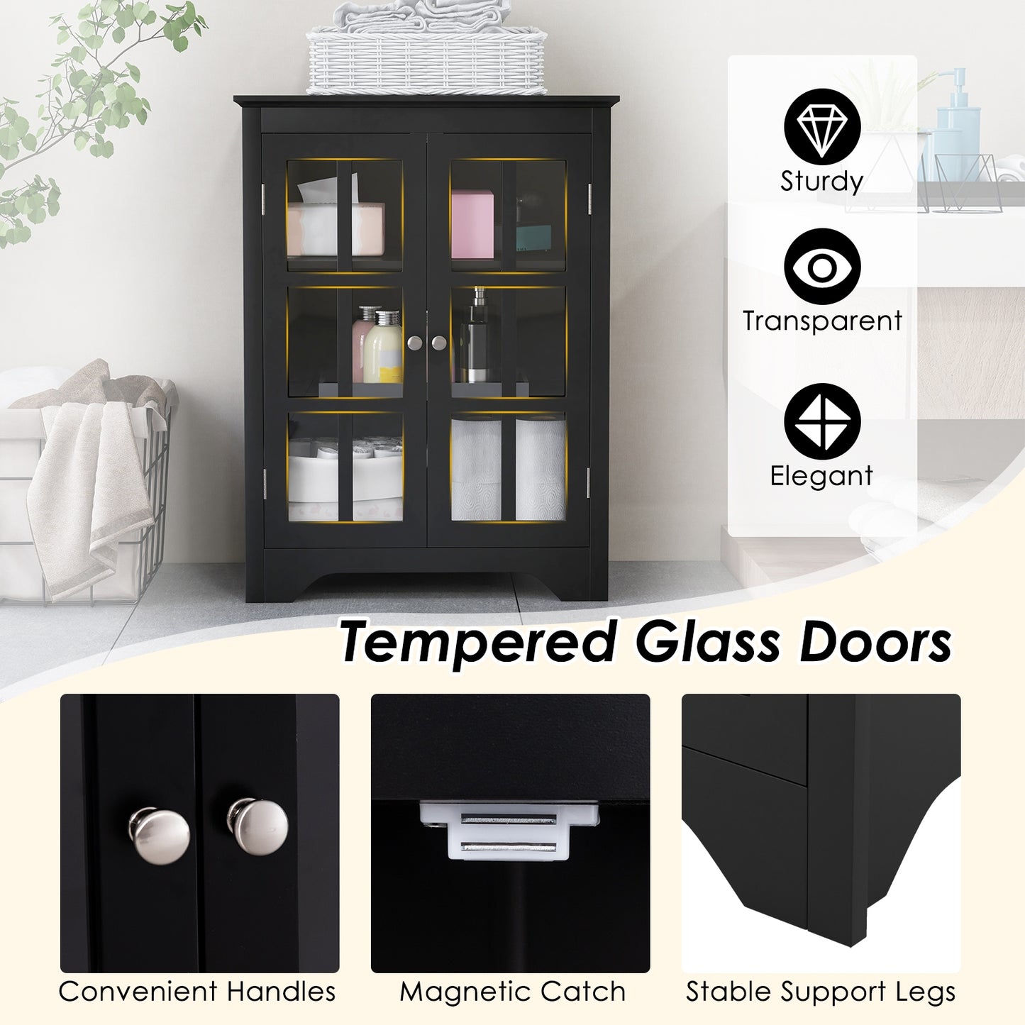 Freestanding Storage Cabinet with Glass Doors & Adjustable Shelves