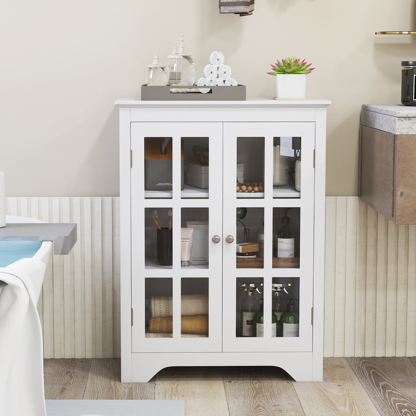 Freestanding Storage Cabinet with Glass Doors & Adjustable Shelves