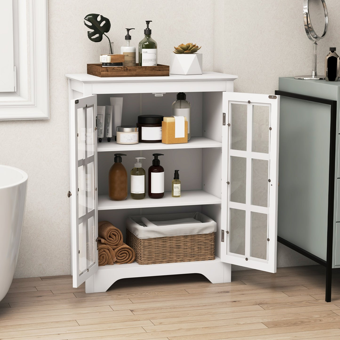 Freestanding Storage Cabinet with Glass Doors & Adjustable Shelves
