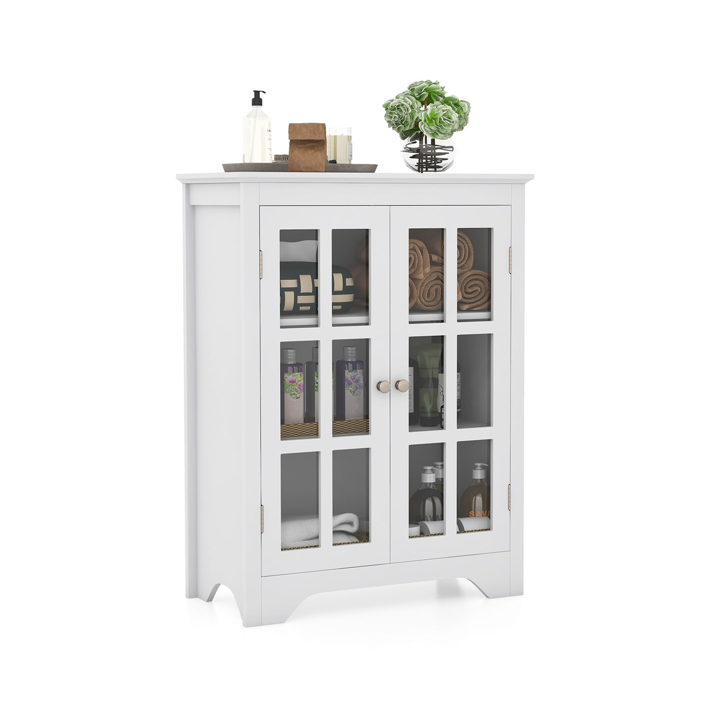 Freestanding Storage Cabinet with Glass Doors & Adjustable Shelves
