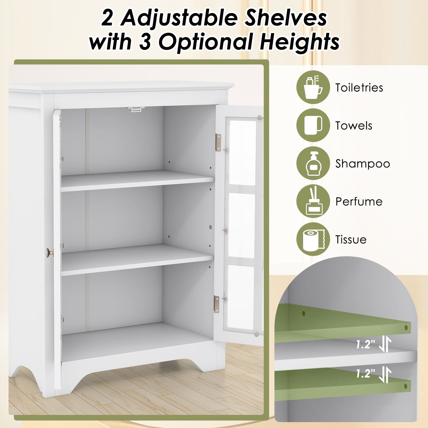 Freestanding Storage Cabinet with Glass Doors & Adjustable Shelves
