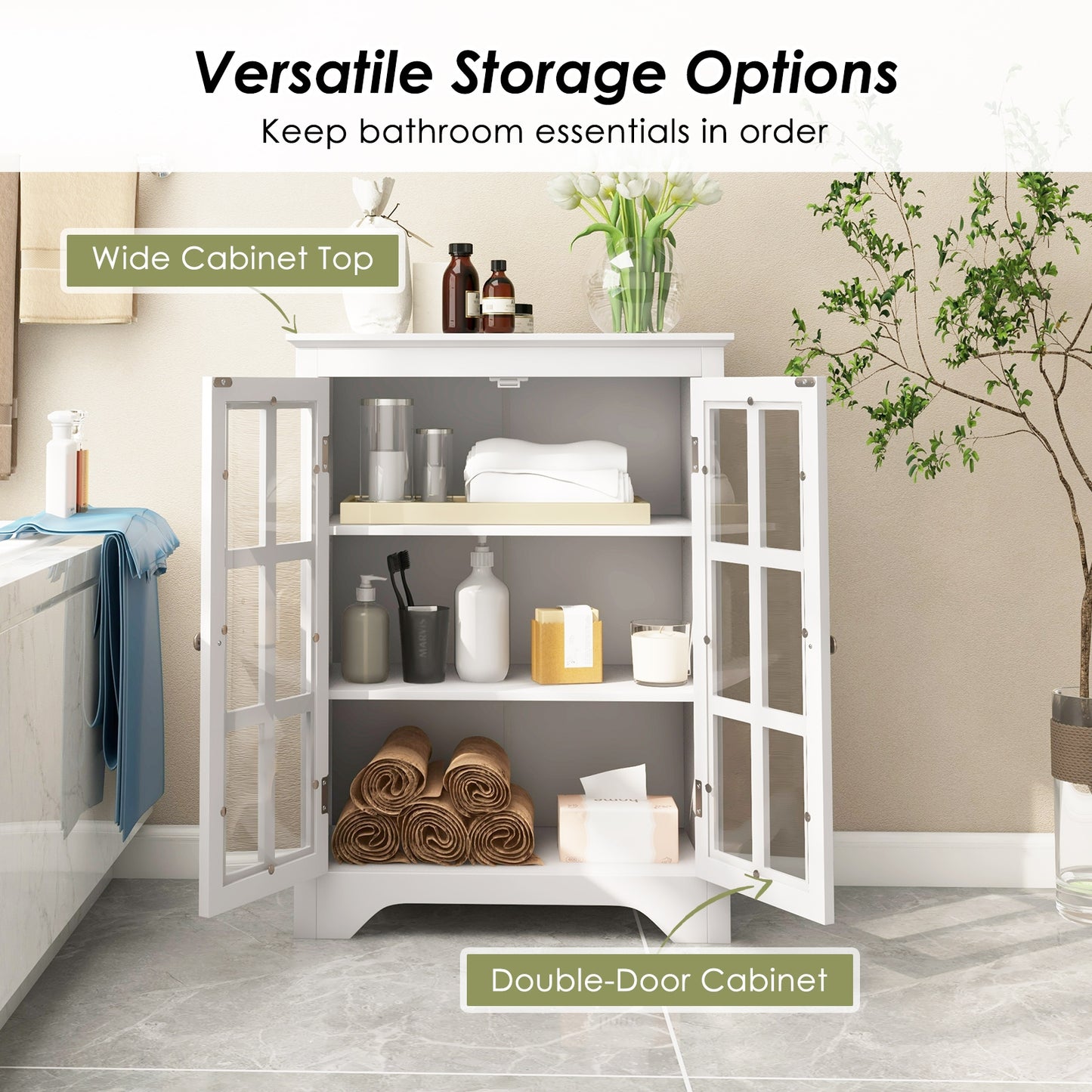 Freestanding Storage Cabinet with Glass Doors & Adjustable Shelves