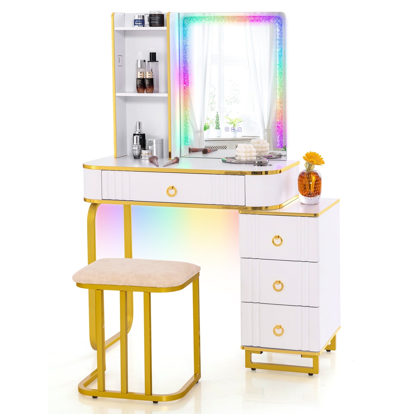 Vanity Table Set with RGB LED Mirror, Wireless Charging, Storage Drawers and Stool – White